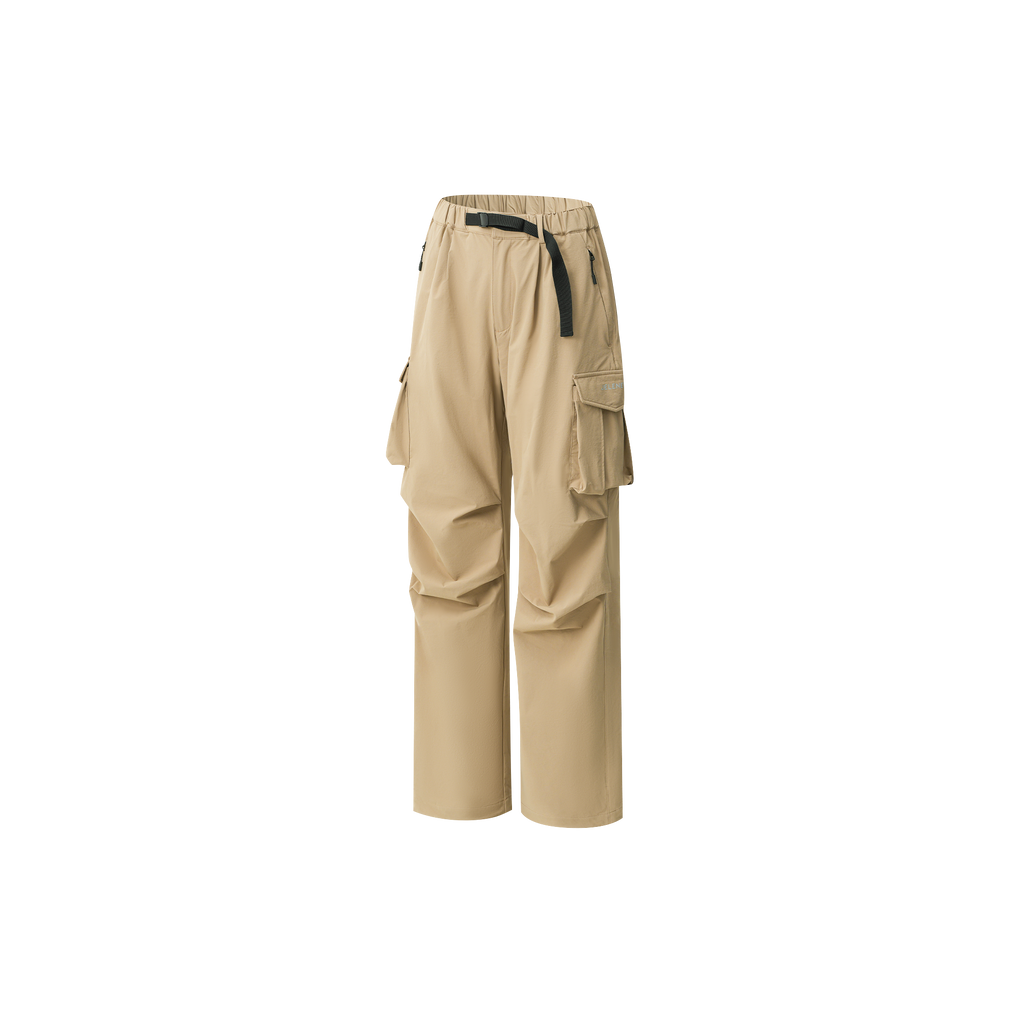 Beige relaxed-fit drawstring cargo pants with multiple pockets and black belt.