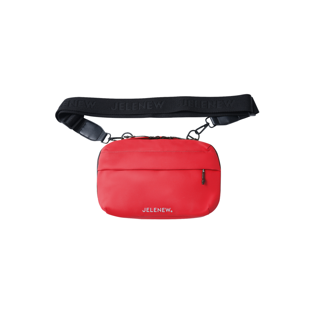 Red Jelenew handlebar bag with adjustable black strap and zippered compartments for organized storage