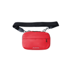 Red Jelenew handlebar bag with adjustable black strap and zippered compartments for organized storage