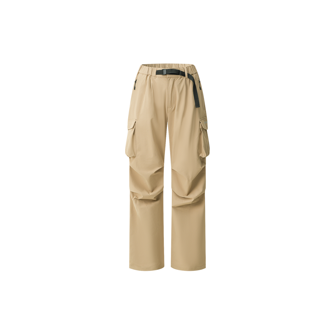 Beige relaxed-fit drawstring cargo pants with multiple pockets and black belt detail