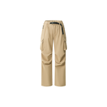 Beige relaxed-fit drawstring cargo pants with multiple pockets and black belt detail