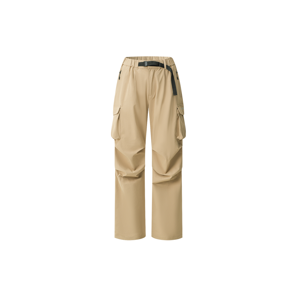 Beige relaxed-fit drawstring cargo pants with multiple pockets and black belt detail