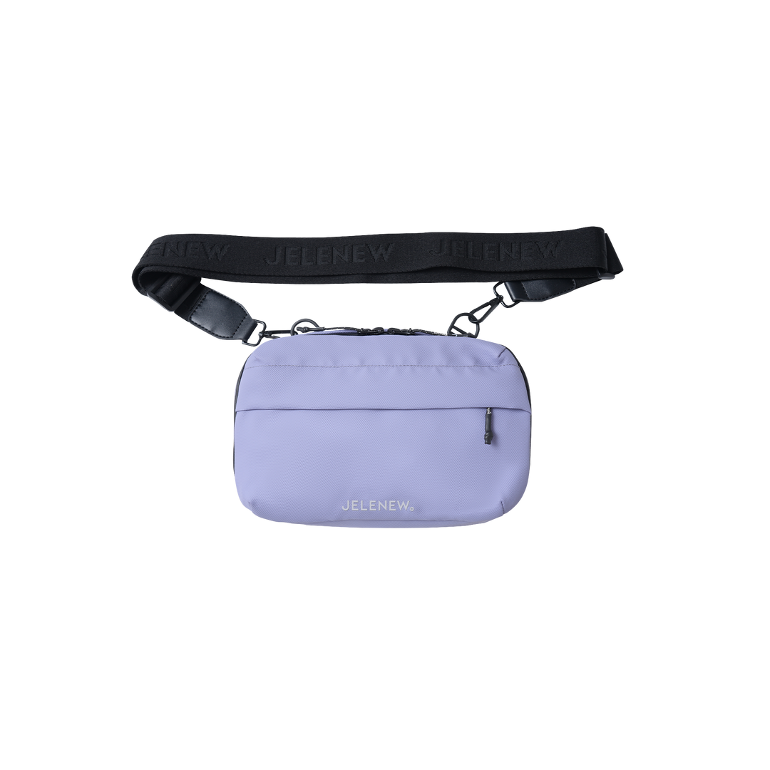 Compact purple handlebar bag with adjustable black strap and zippered compartments for easy organization and quick access.