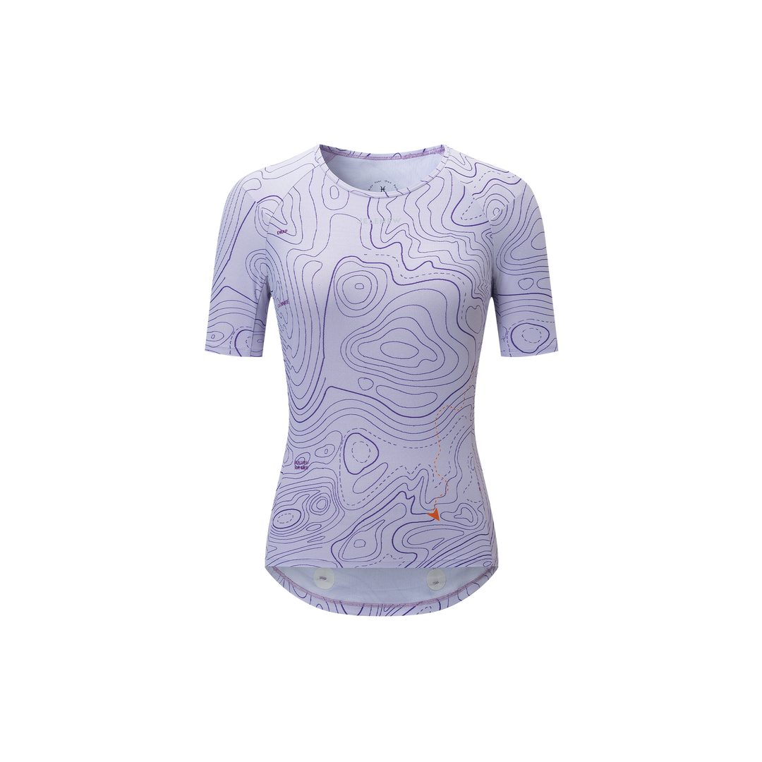 Women’s short sleeve cycling jersey with purple contour map pattern, studio product shot front view