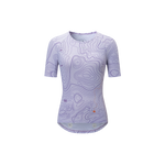 Women’s short sleeve cycling jersey with purple contour map pattern, studio product shot front view