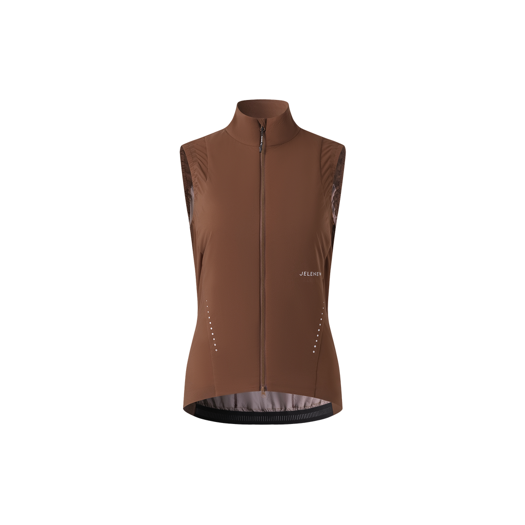 Brown lightweight package cycling gilet with front zipper and insulated polyamide fabric for warmth and comfort