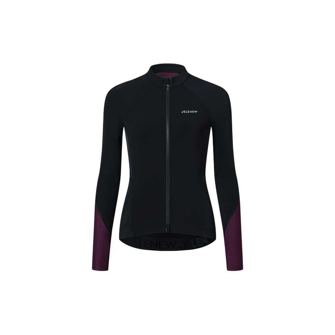 VersaFit long sleeve cycling jersey in black with purple cuffs and front zipper