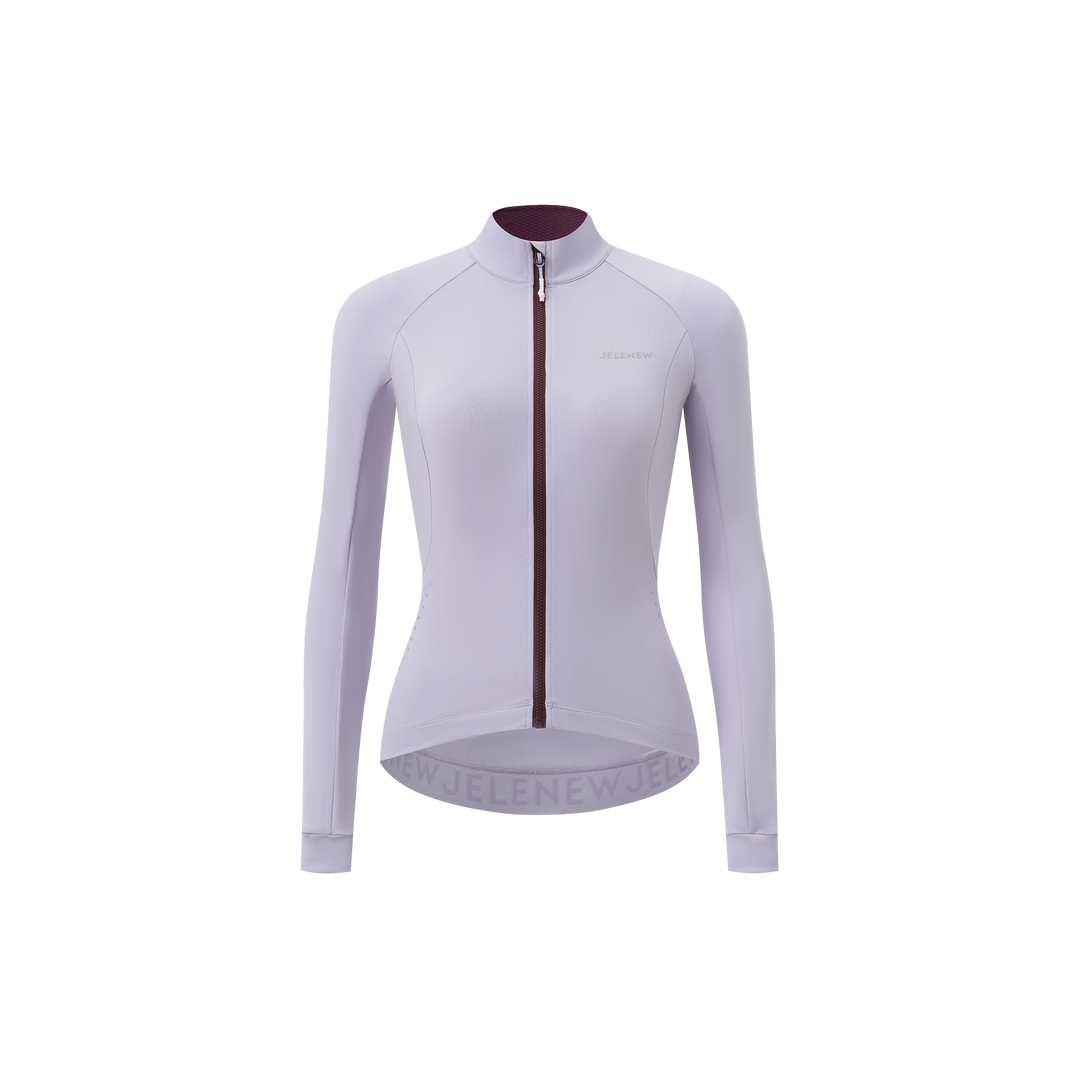 women's high performance cycling jersey with stand-up collar and long sleeves in light purple
