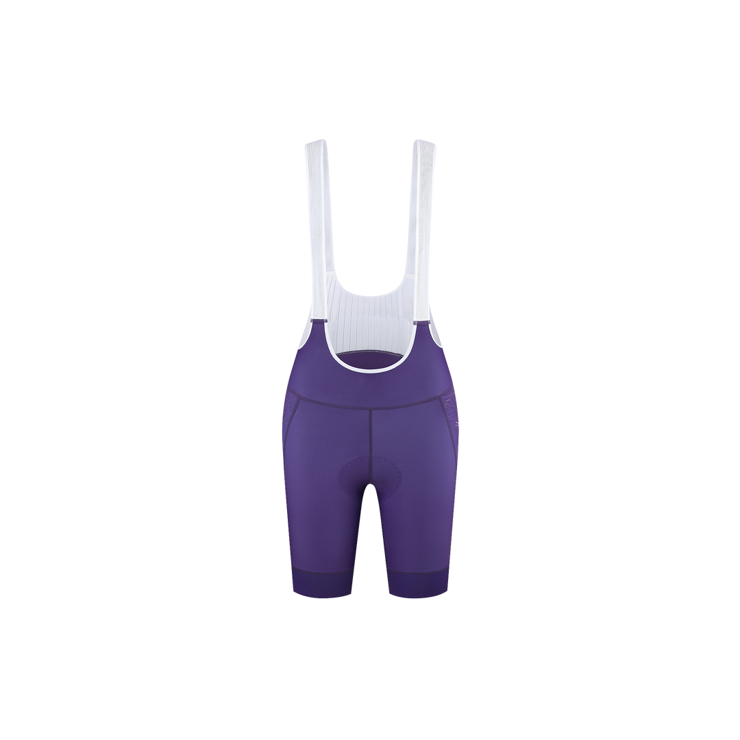 Elevation Tour High-Compression Cycling Bib Shorts in purple, studio flat lay product shot front view