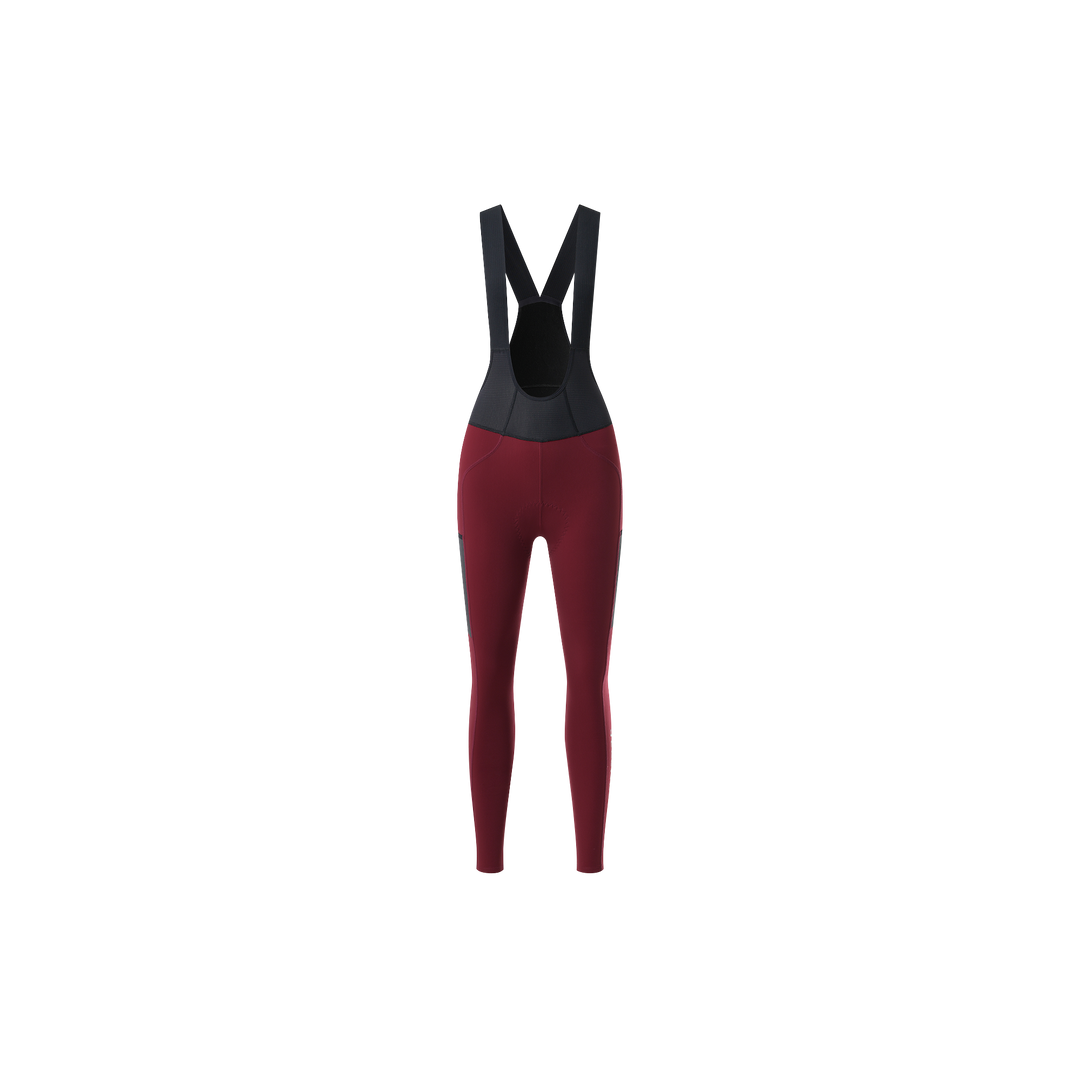 Y Back Thermal Brushed Bib Tights in burgundy with black straps for winter cycling warmth and low light visibility