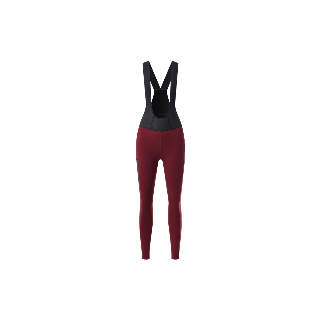 Y Back Thermal Brushed Bib Tights in burgundy with black straps for winter cycling warmth and low light visibility