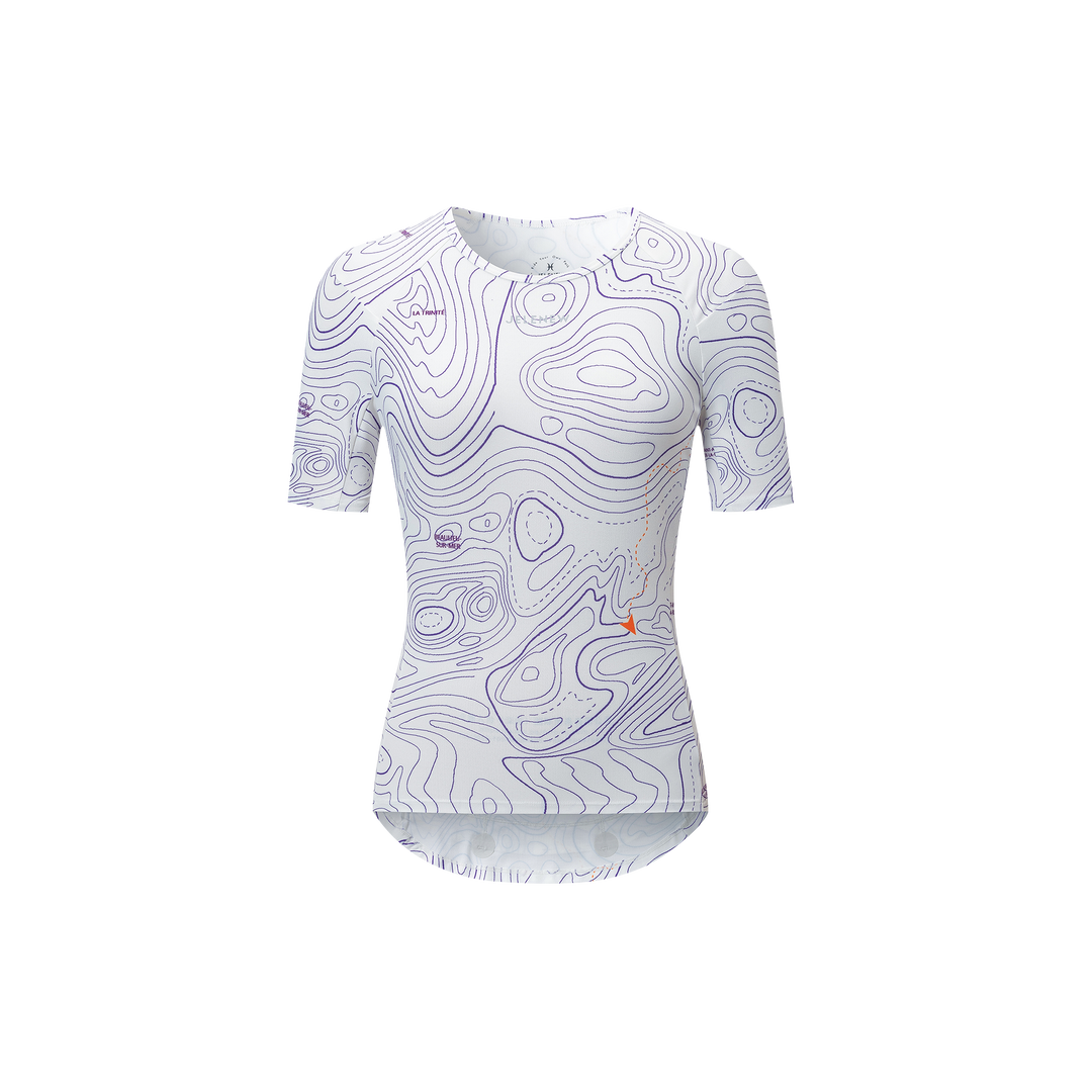 Women’s short sleeve cycling jersey with white contour map pattern, studio product shot front view