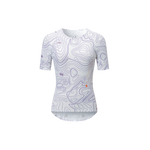 Women’s short sleeve cycling jersey with white contour map pattern, studio product shot front view