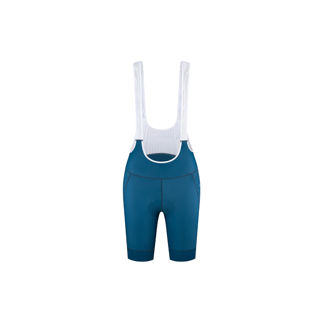 Women’s cycling bib shorts in blue with integrated white bib straps front view