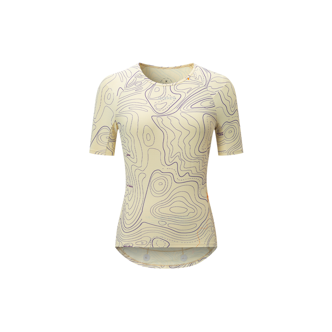 Women’s short sleeve cycling jersey with yellow contour map pattern, studio product shot front view