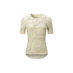 Women’s short sleeve cycling jersey with yellow contour map pattern, studio product shot front view