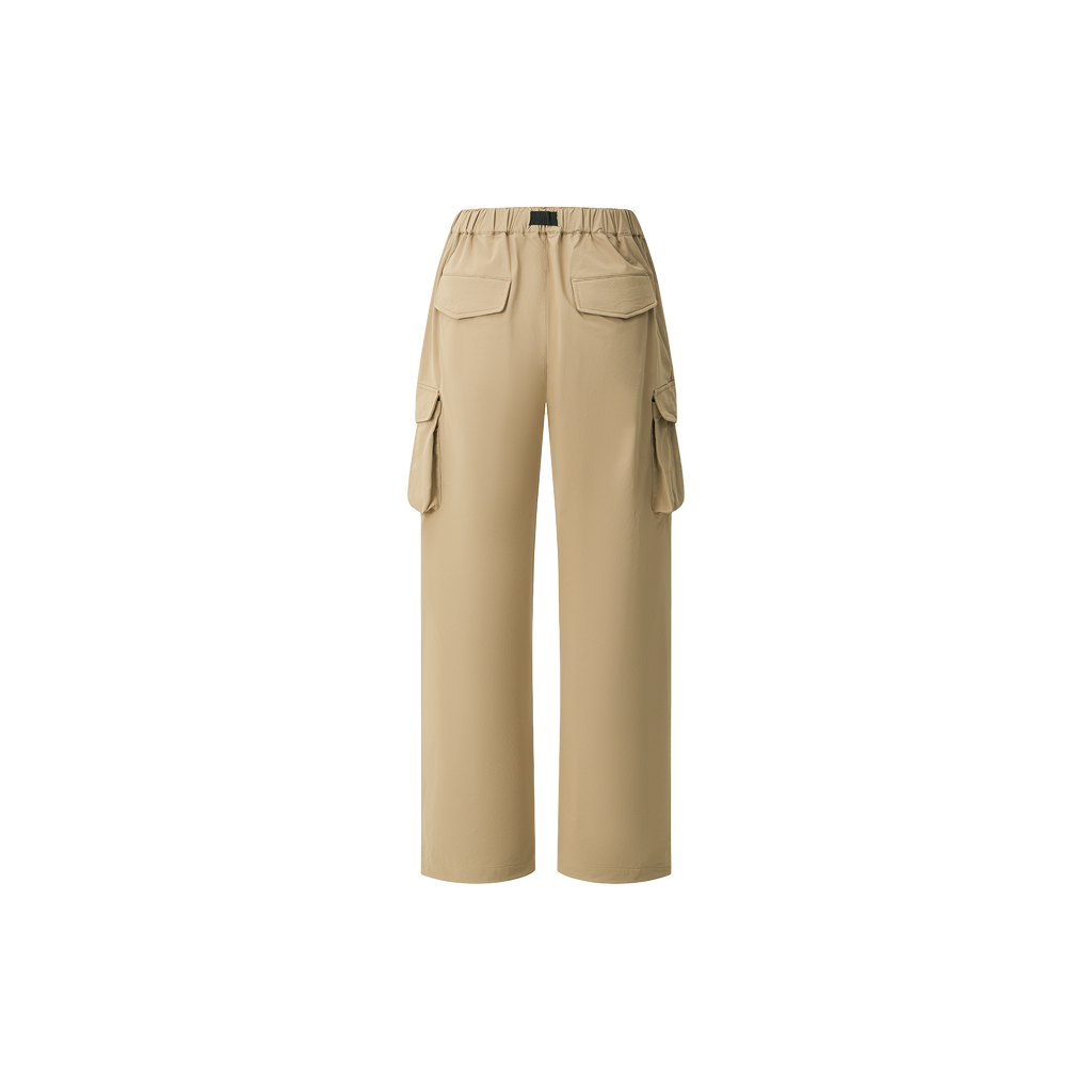 Beige relaxed-fit drawstring cargo pants with multiple pockets and functional design