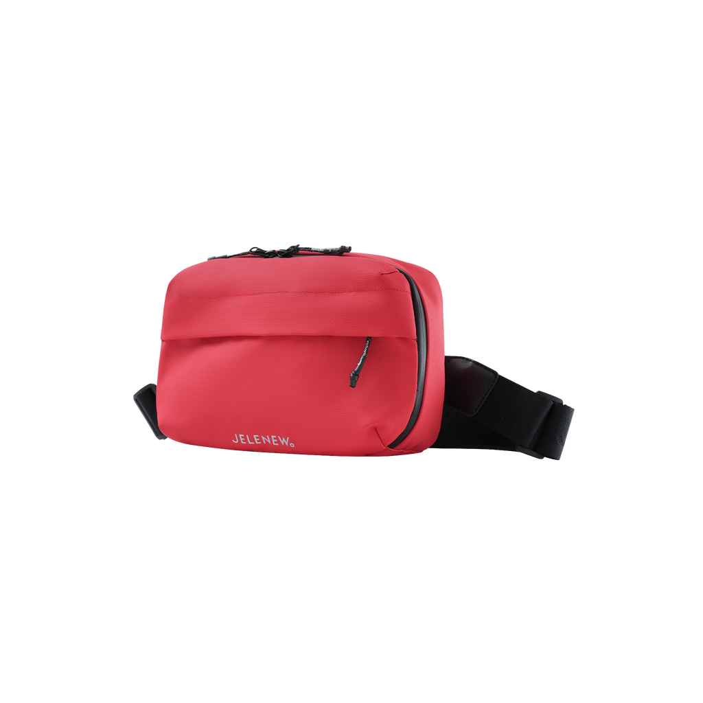 Red handlebar bag with multiple compartments for organized storage and quick access to essentials