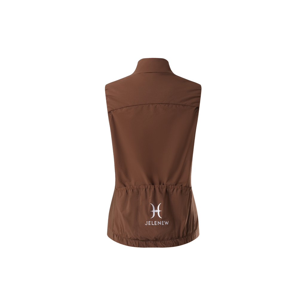 Brown lightweight package cycling gilet made of insulated polyamide fabric with rear pockets and logo