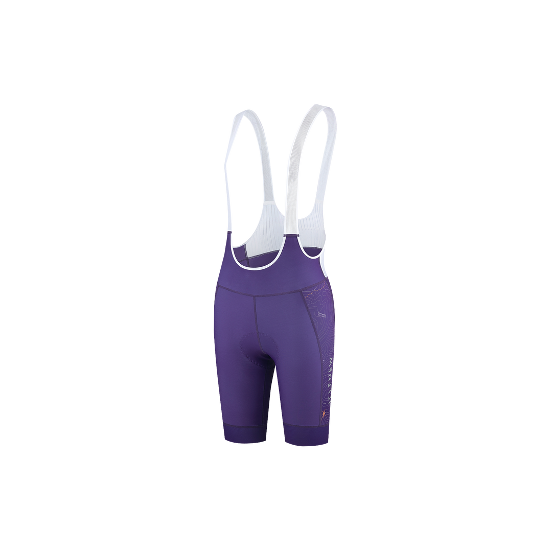 Elevation Tour High-Compression Cycling Bib Shorts in purple, studio flat lay product shot side view
