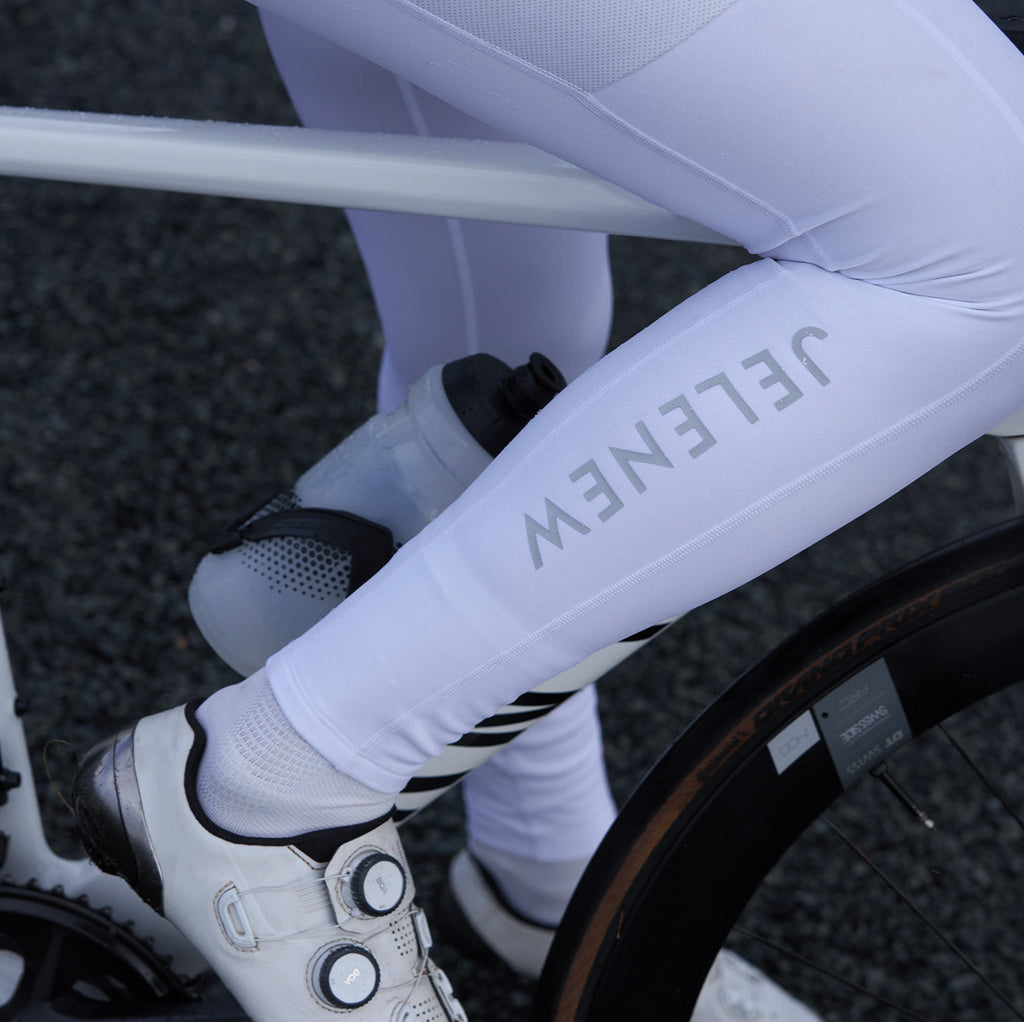 White Y Back Thermal brushed bib tights for winter cycling with reflective logo for visibility