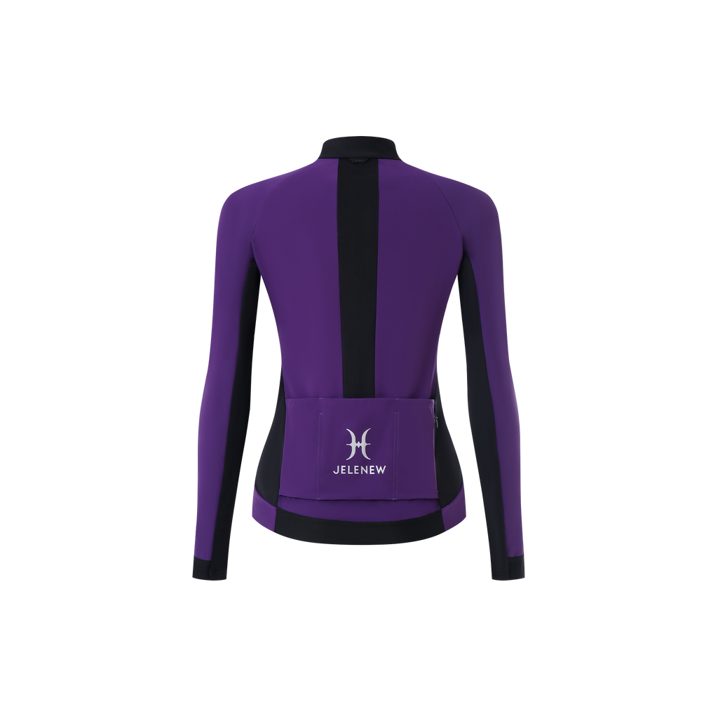 Back view of purple and black 3L Core Rain Jacket designed for winter cycling with splash-resistant and windproof features