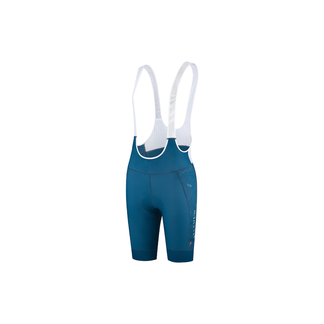 Women’s cycling bib shorts in blue with integrated white bib straps side view