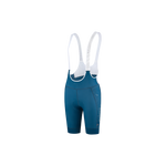 Women’s cycling bib shorts in blue with integrated white bib straps side view