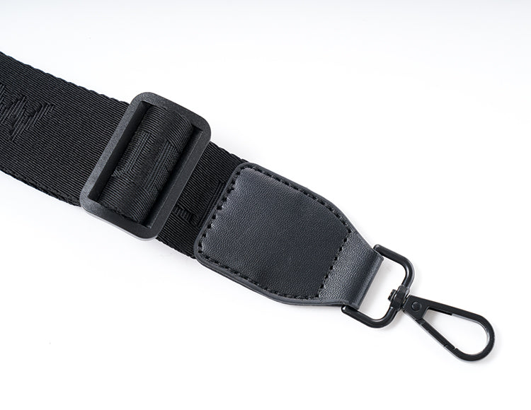 Adjustable black strap with hook attachment for handlebar bag