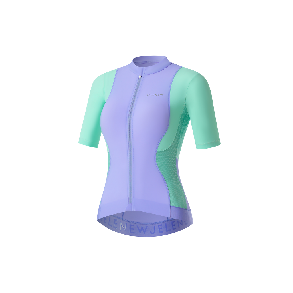 Hourglass Short Sleeve women's training cycling jersey with CurveTec technology in pastel purple and mint green colors