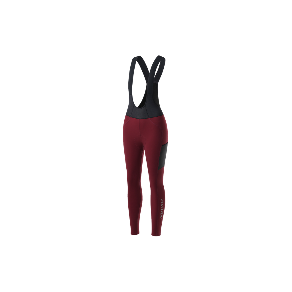 Y Back Thermal Brushed Bib Tights in burgundy and black, designed for winter cycling warmth and safety in low light conditions