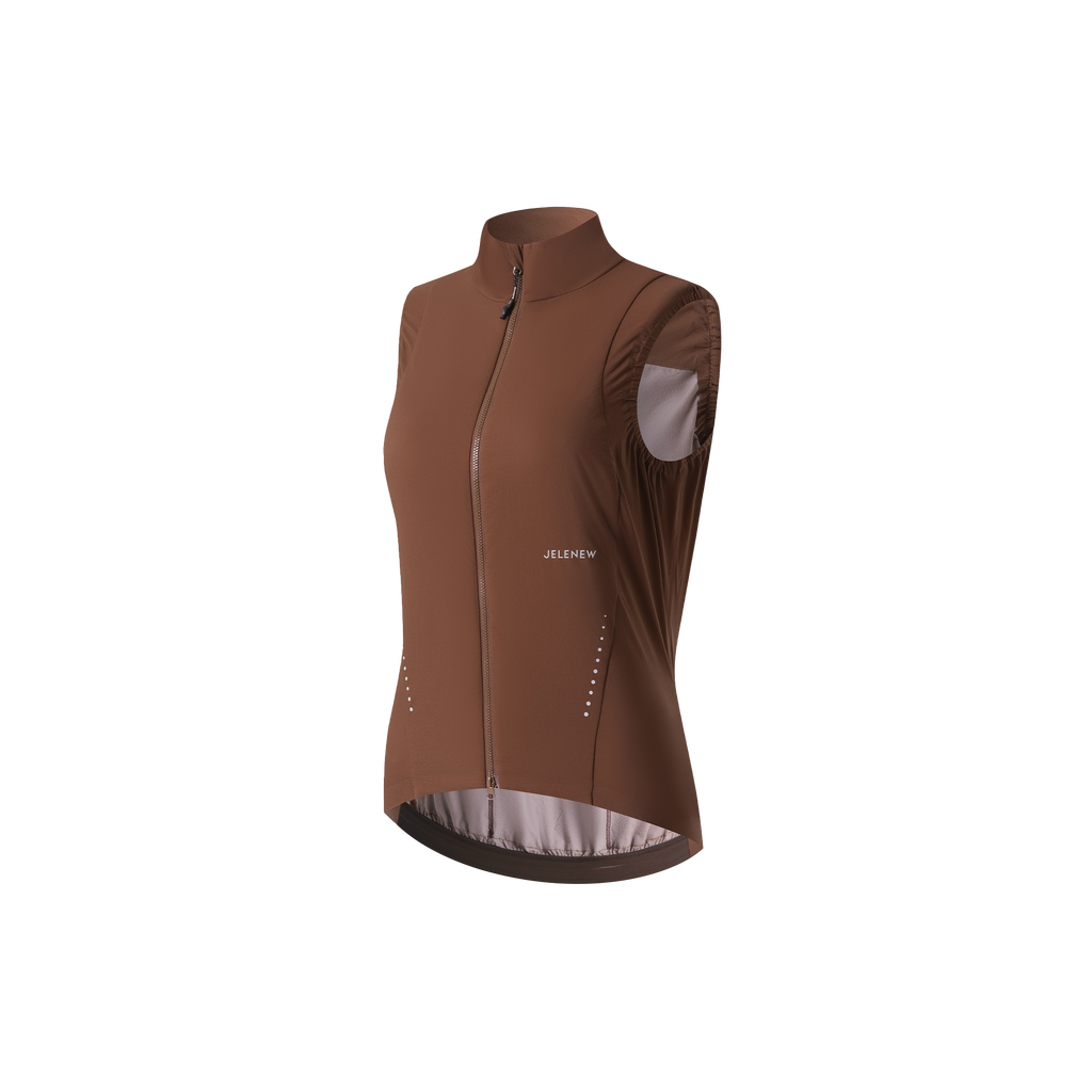 Lightweight insulated brown cycling gilet with zipper for versatile weather protection and daily training