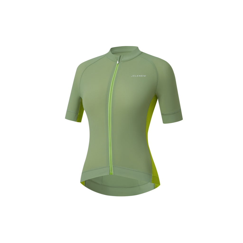 Green Color Aero Short Sleeve Jersey with front zipper and breathable fabric for cycling performance