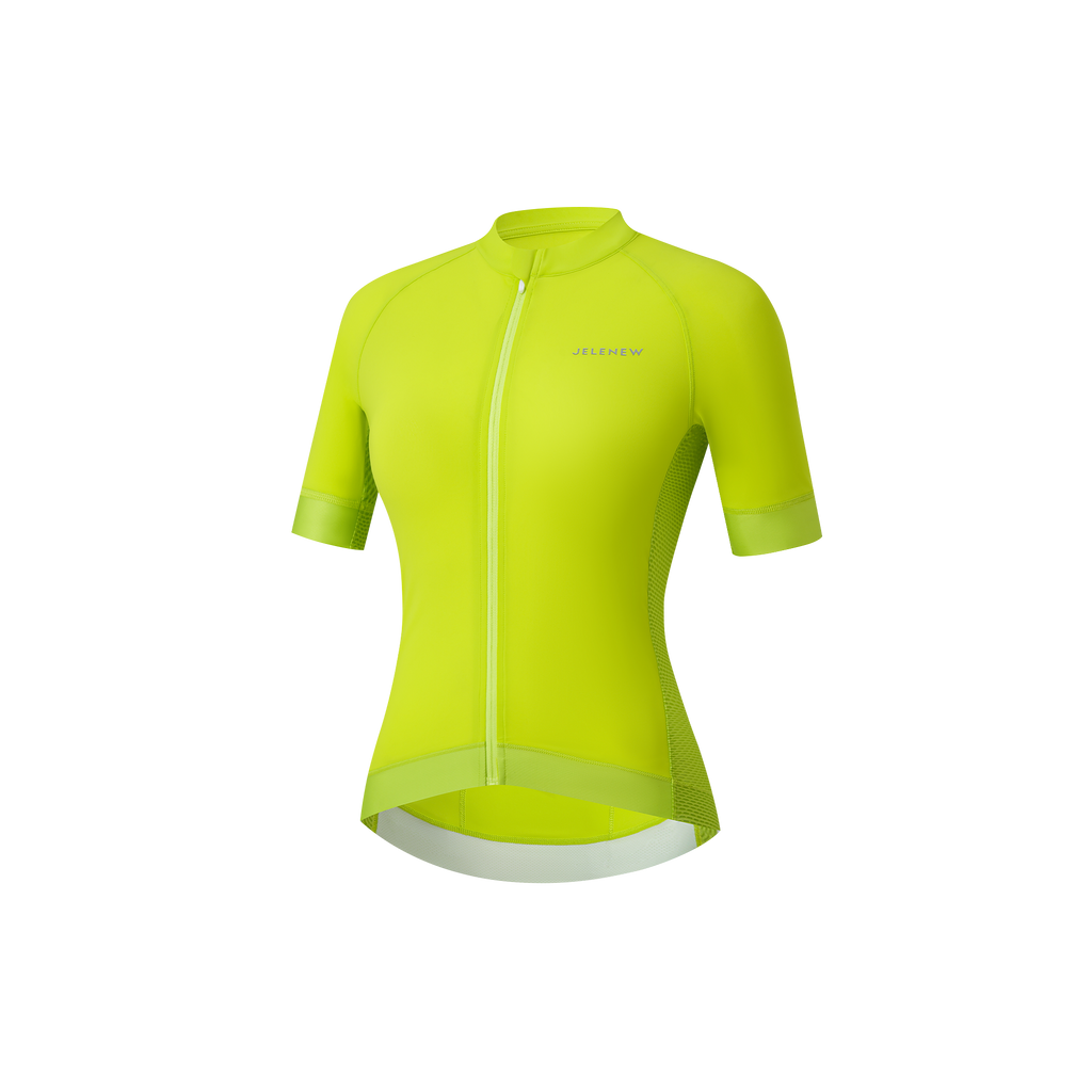 Color Aero Short Sleeve Jersey in bright yellow with zip front, designed for city rides and race-day performance with four-way stretch fabric.