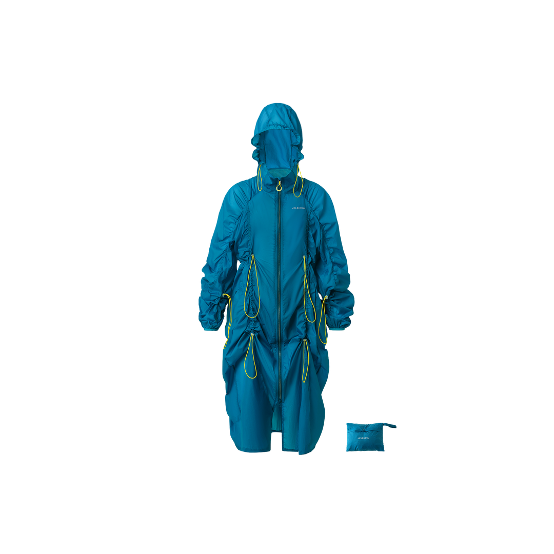 Mont Blanc ultralight long windproof jacket in bright blue with adjustable waist and hood, compact packable design