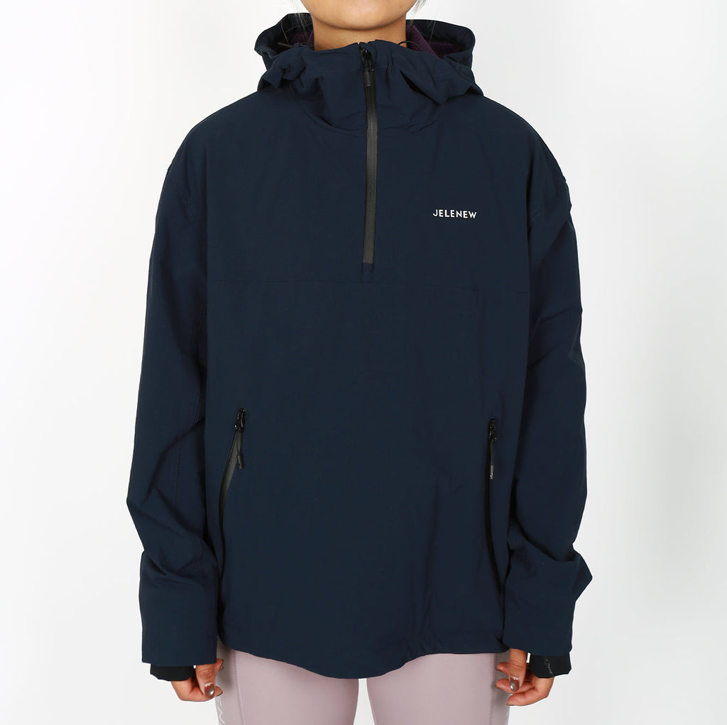 Half-zipped hooded jacket in navy, eco-friendly and weather-resistant with thermal insulation and storage pockets